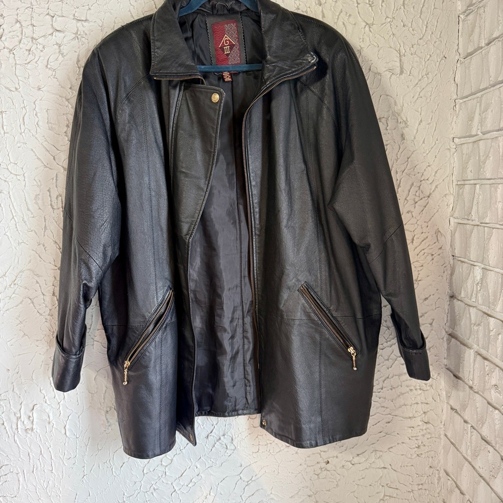 Vintage Black Leather Jacket with Gold Accents - Picture 2 of 11